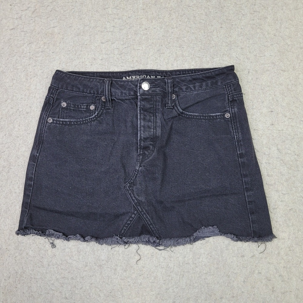American Eagle Mini Skirt Black Denim Button Front Women's Size‎ 4 Jean Skirt